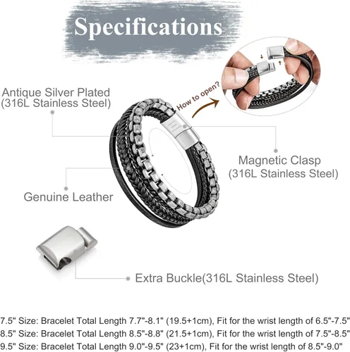 Vista 2 de Speroto Pulseras para hombre, pulseras de cuero y acero, pulseras de cadena con cierre, pulseras de acero para hombre, Sin gemas.