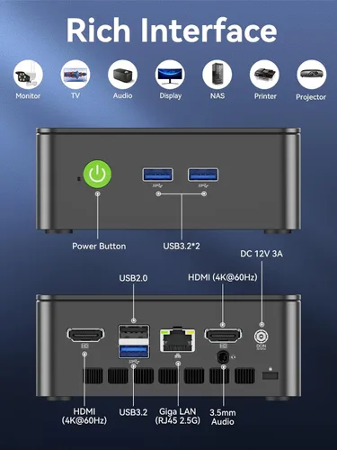 Vista 5 de GMKtec Mini PC Procesador Intel N95 (Turbo 3.4GHz) 8GB DDR4 256GB SSD Computadora de escritorio 4K Dual HDMI Display/3x USB3.2/WiFi 5 BT5.0/RJ45