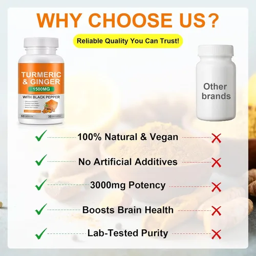 Vista 9 de Suplemento de cúrcuma y jengibre de 1500 mg, suplemento complejo de cúrcuma con extracto de pimienta negra y 95% curcuminoides para ayudar