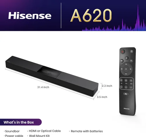 Vista 2 de Hisense Barra de sonido todo en uno A620 de 2.1 canales con subwoofer incorporado, 240 W, DTS Virtual: X, Dolby Dightal Plus, Bluetooth 5.3, Roku TV