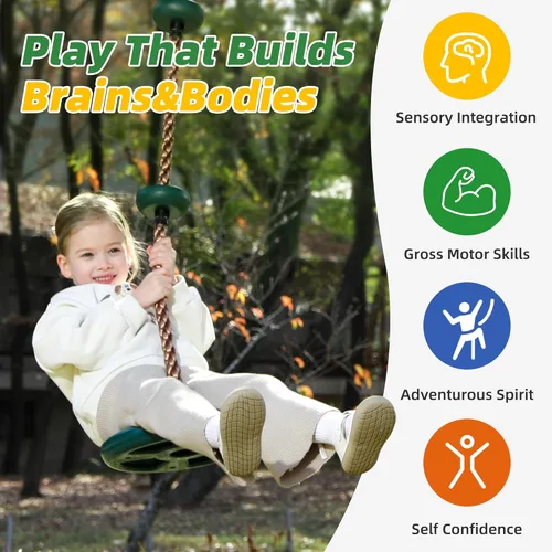 Vista 2 de Columpio de disco para niños al aire libre – Columpios de árbol de alta resistencia con plataforma antideslizante y cuerda ajustable, Asiento