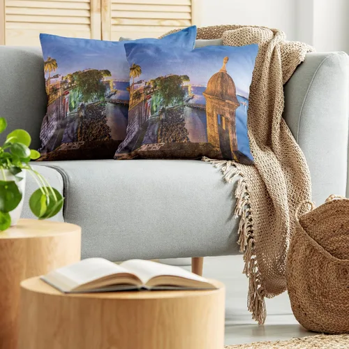 Vista 5 de Lunarable Juego de 2 fundas de cojín de Puerto Rico, diseño de Coast at Paseo de la Princesa, diseño de elementos arquitectónicos de estilo retro
