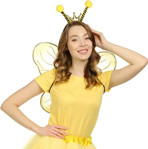 Vista 4 de Funcredible Diadema de abeja y alas de abeja, diadema de antena de abejorro, disfraz de Halloween de abejorro para mujer, accesorios de disfraz