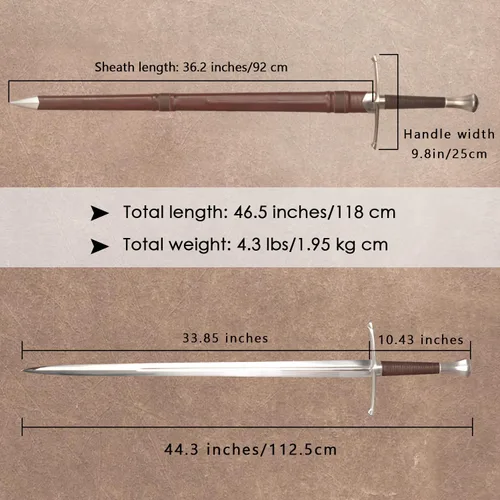 Vista 2 de Espada medieval occidental de 46.5 pulgadas, hecha a mano, acero de alto carbono 1095 de espiga completa (incluye correa para el hombro)