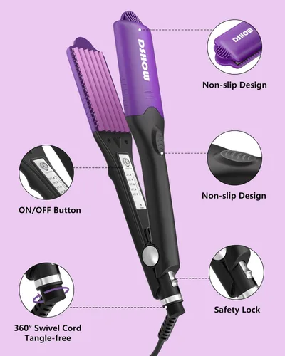 Vista 18 de DSHOW Plancha para el cabello 4 en 1, rizador, moldeador, alisador, con 4 planchas de crimpado intercambiables de titanio y cerámica (Morado)