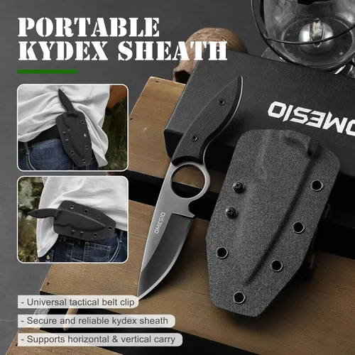 Vista 5 de Omesio Cuchillo pequeño de hoja fija, cuchillo táctico de caza y campamento con funda Kydex, acero inoxidable de espiga completa compacto EDC