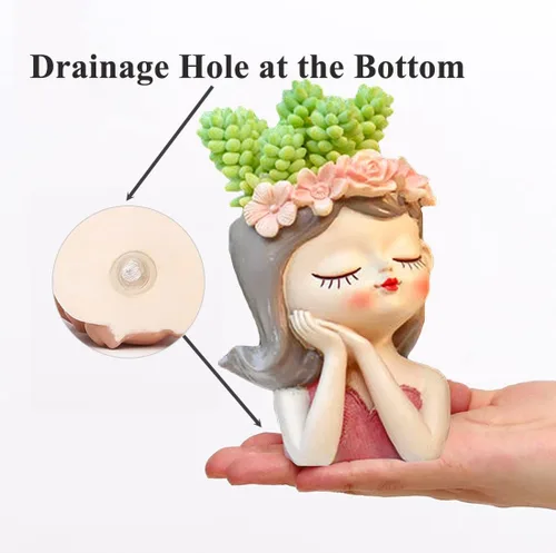 4.35" Maceta Linda de Cabeza de Resina para Suculentas Maceta Pequeña de Flores para Niñas, Contenedor de Cactus con Cara Humana Bonsai Soporte para