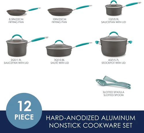 Vista 2 de Rachael Ray Cucina - Juego de ollas y sartenes antiadherentes anodizadas, 12 piezas, gris con asas azules
