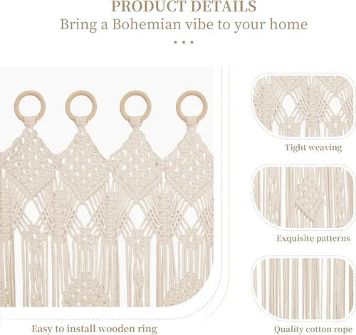 Vista 5 de Cortina bohemia de macramé para ventana, divisor de habitación, cortina para puerta, 79 x 35 pulgadas, para colgar en pared de macramé grande