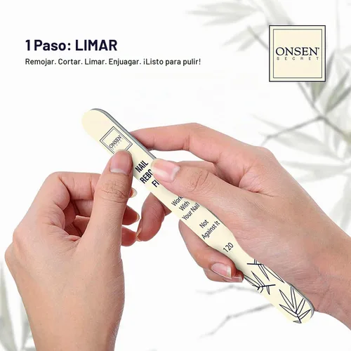 Vista 3 de Onsen Secret Kit completo de reinicio de uñas con aceite de cutícula de 0.3 fl oz, lima de uñas de grano 120/180 de doble cara, un bloque