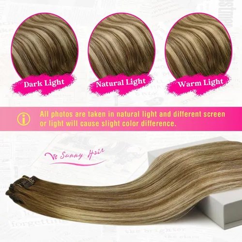 Vista 6 de Ve Sunny Extensiones de cabello humano real con clip balayage, color marrón castaño degradado a rubio, 12 pulgadas, 5 unidades, 2.82 onzas