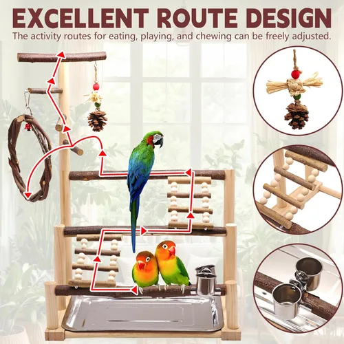 Vista 3 de Parque infantil para pájaros, soporte de loro de madera natural adecuado para pájaros pequeños y medianos, con tazas de alimentación, columpio