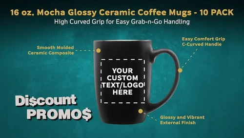 Vista 3 de DISCOUNT PROMOS Juego de 10 tazas de café grandes de cerámica moca brillante, 16 onzas, texto personalizable, logotipo, gres, suave, duradero, mango