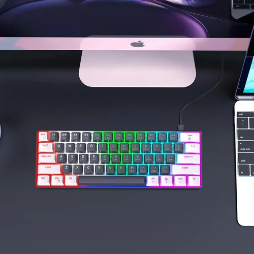 Vista 6 de Teclado portátil 60 por ciento, compacto 61 teclas mini teclado mecánico para PCMac Gamer conmutable colorido retroiluminado - interruptor azul