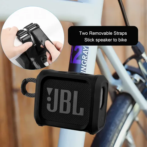 Vista 4 de TXesign Funda de silicona para altavoz portátil JBL Go 3 con correa extraíble para bicicleta, carrito de golf, funda de transporte de viaje, funda