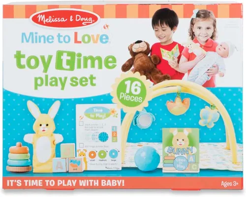 Vista 6 de Melissa & Doug Mine to Love - Juego de tiempo de juego para muñecas con gimnasio de actividades, apisonadora, bloques y más (16 piezas)