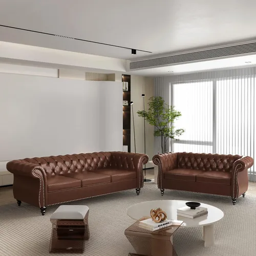 Vista 27 de Juego de 2 piezas para sala de estar, sofá Chesterfield de cuero con reposabrazos enrollados y tachuelas para sala de estar, oficina (negro)