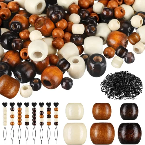 Vista 7 de Dingion Juego de 1055 cuentas de madera para el cabello, 600 cuentas de madera de barril