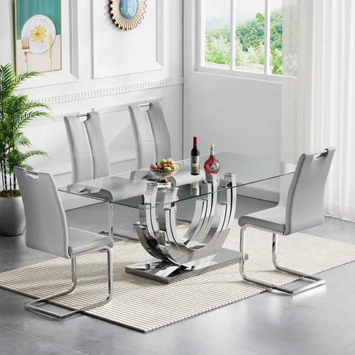 Vista 14 de Pvillez Juego de mesa de comedor de cristal dorado moderno de 70 pulgadas para 4, juego de mesa rectangular de 5 piezas con base de acero