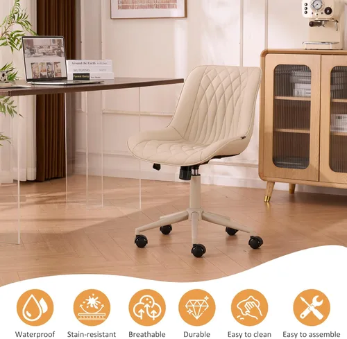Vista 17 de YOUNIKE Silla de escritorio de oficina en casa con ruedas, silla de tocador sin brazos con respaldo, cómoda y moderna silla tapizada de cuero