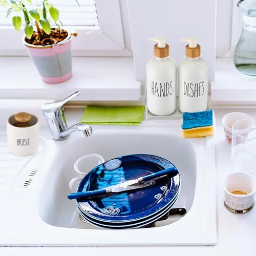 Vista 6 de Sunnyray 5 Pcs Kitchen Soap Dispenser Set Dish Glass Soap Dispenser and Hand Soap Dispenser with Tray Farmhouse Bamboo Dish Brush with Ceramic Dish