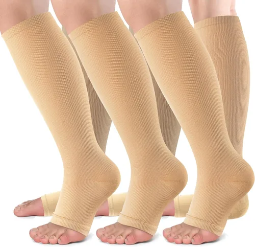 Vista 9 de bropite Calcetines de compresión sin dedos para mujeres y hombres, 2 pares de calcetines de compresión de punta abierta, soporte de 15-20mmHg