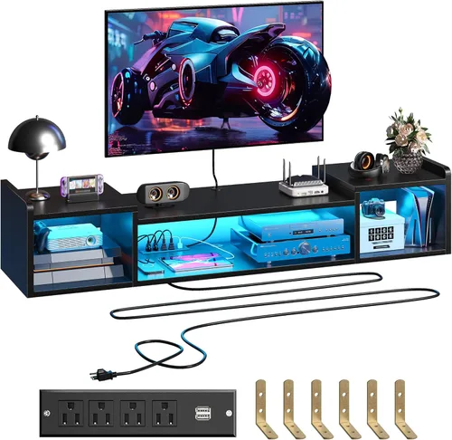 55.1"W Floating TV Stand with LED Lights & Power Outlets for 50 55 60 65 Inch TV Wall Mounted Entertainment Center with Storage for Living Room Wood