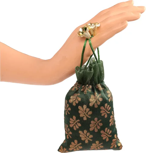 Vista 4 de Touchstone Preciosas bolsas de envoltura de regalos reutilizables, respetuosas con el medio ambiente, grandes con cordón, patrón de hojas de mimosa