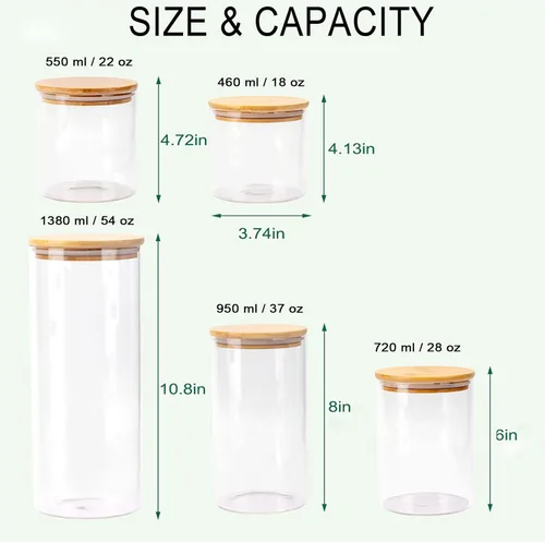 Vista 3 de Juego de 5 recipientes de vidrio para cocina, tarros de vidrio transparente para almacenamiento de alimentos con tapa hermética de madera de bambú