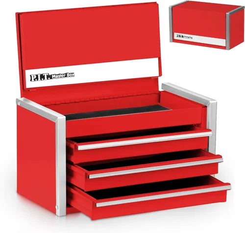 Vista 9 de P.I.T. Mini Caja de herramientas negra, caja de herramientas portátil de acero apilable de 3 cajones con cierre de lengüeta magnética, caja