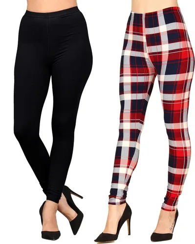 Vista 14 de Lildy - Leggings súper suaves lisas e impresas para mujer, elásticas sin transparencias Rayas negras y rojas/paquete de dos negras