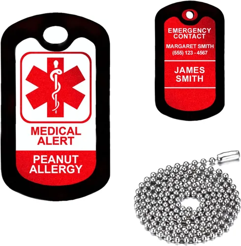 Vista 13 de Alerta médica morada, Alzheimer, etiqueta de identificación médica de aluminio personalizada con collar de acero inoxidable de 24 pulgadas