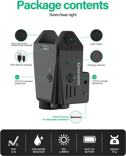 Vista 8 de Vista láser verde pistola, linterna de escopeta vista láser verde con círculo, linterna táctica recargable USB combo láser con modo estroboscópico