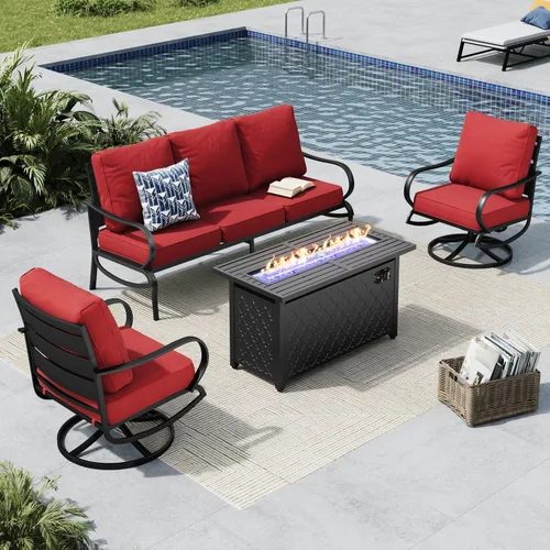 Vista 22 de MFSTUDIO Juego de muebles de patio de 8 piezas con mesa de fogata de gas de 45 pulgadas (hasta 9 asientos), sofás de conversación de metal