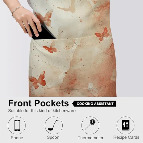 Vista 5 de MUSM Apron for Adults - 27.6 X 31.5 Inch, Heavy-Duty Polyester Aprons with Two Large Pockets, Waterproof Light Red And Beige Kitchen Apron for