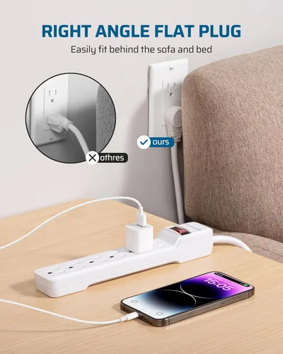 Vista 5 de DEWENWILS Regleta protectora contra sobretensiones de 6 tomas, cable de extensión de 15 pies de largo, enchufe plano de perfil bajo, disyuntor de 15