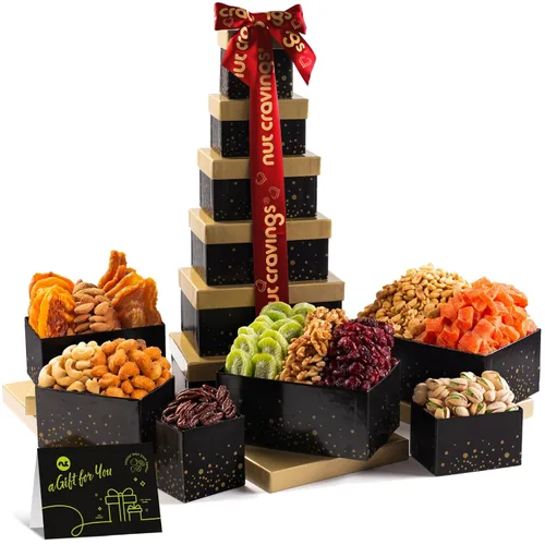 Vista 15 de NUT CRAVINGS - Cesta de regalo para el día de la madre, frutas secas y frutos secos mixtos, torre roja + cinta de corazón (12 surtidos), arreglo