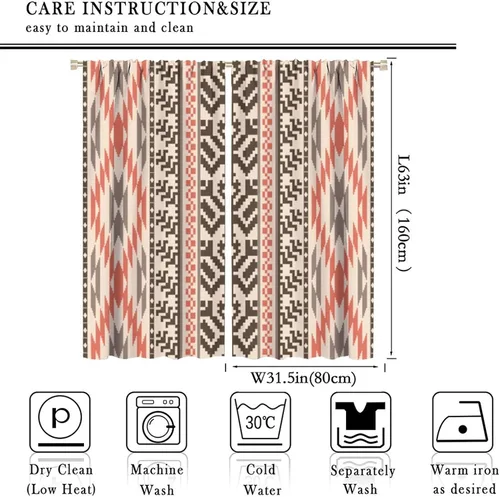 Vista 412 de Cortinas con patrón geométrico tribal, estilo suroeste, azteca, rústico, occidental, nativo americano, opacas, con bolsillo para barra, decoración