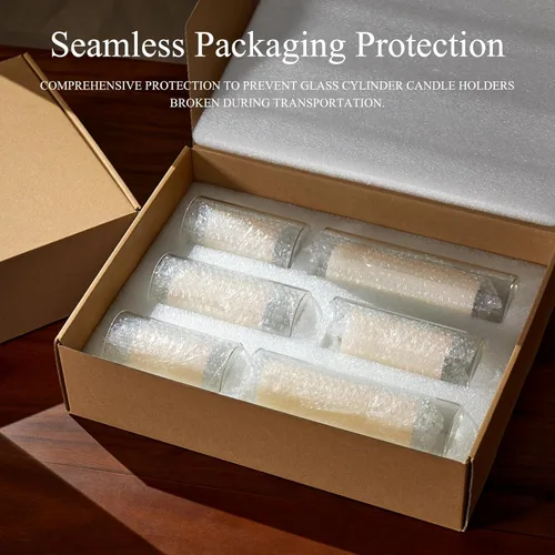 Vista 5 de Juego de 6 velas de pilar blancas con soportes de vidrio transparente para huracanes, elegantes jarrones cilíndricos para bodas, fiestas, centros