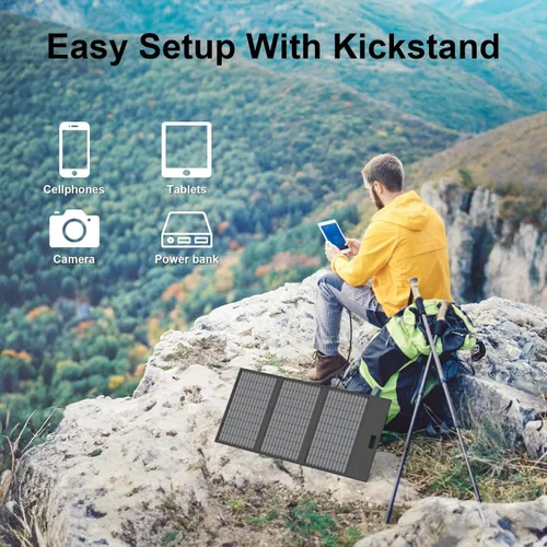 Vista 6 de Cargador de panel solar portátil de 45 W con USB-C, USB-A y salidas DC de 18 V, paneles solares plegables impermeables IP67 con un soporte