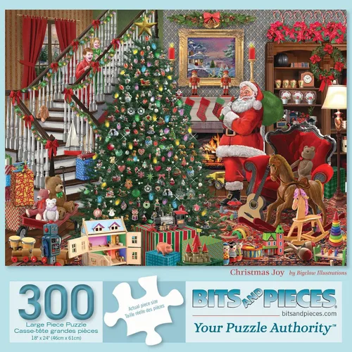 Bits and Pieces Rompecabezas de 300 piezas para adultos – Alegría de Navidad – Santa Visiting Presents Tree Jigsaw Puzzle por Artist Bigelow