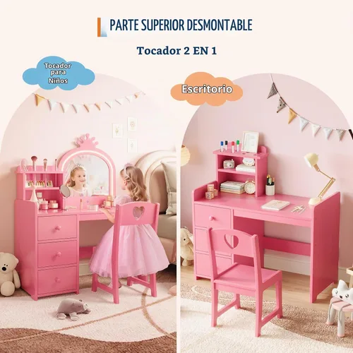 Vista 4 de Juego de mesa y silla para niños con espejo de luz y 3 cajones Rosa