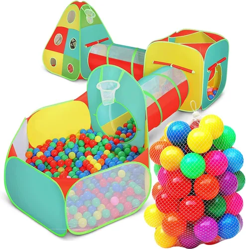 Vista 9 de Tienda de campaña de 5 piezas para niños pequeños con hoyo de bolas, túnel de gateo, casa de juegos interior y exterior, gimnasio de la selva