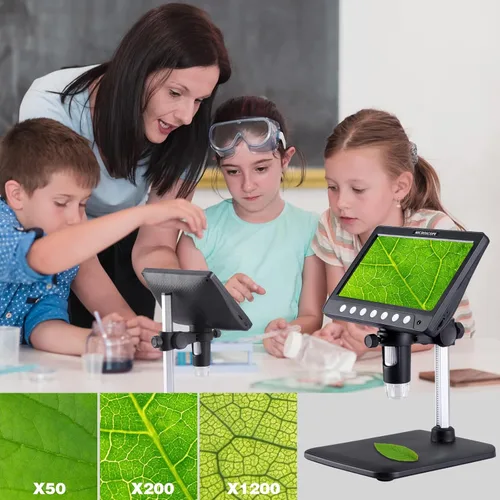 Vista 4 de Microscopio digital 1080P de 7 pulgadas, aumento de 1200X, 8 luces LED, tarjeta TF de 32 GB incluida, batería recargable, cámara de microscopio USB