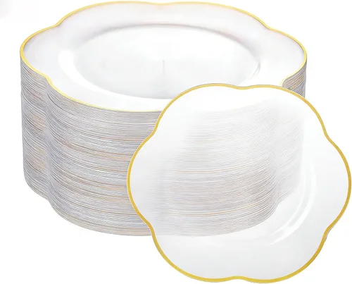 Vista 9 de Liacere 100 piezas de platos de plástico duraderos - Platos de plástico gris con borde dorado - 100 platos grises para cena, perfectos para bodas