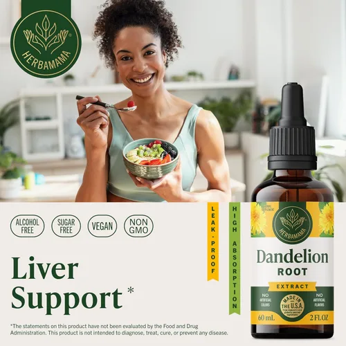 Vista 2 de HERBAMAMA Extracto de raíz de diente de león para desintoxicación hepática - Gotas de drenaje linfático - Suplemento de raíz de diente de león