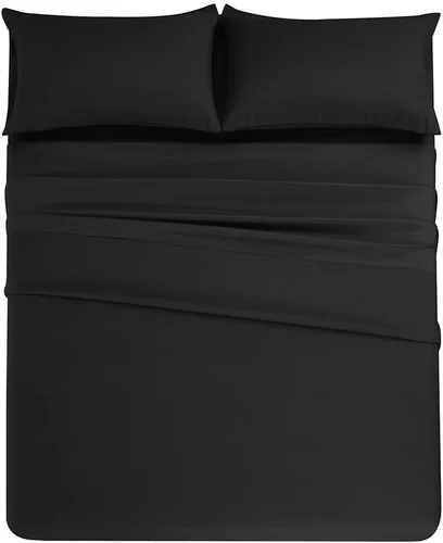QINU KEONU Juego de sábanas de microfibra cepillada de 4 piezas, color negro, de lujo, de 1500 hilos, suave y refrescante, juego de sábanas de hotel