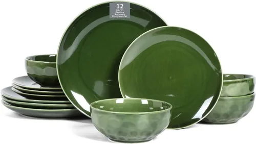 Vista 9 de Vicrays Juego de vajilla de cerámica de 12 piezas, platos llanos, platos de ensalada, cuencos de cereales, servicio para 4 personas, resistente a