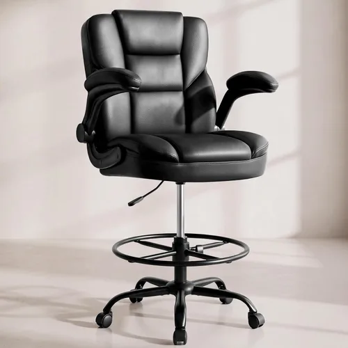 Silla de Dibujo 500 Libras, Silla de Oficina Alta para Escritorio de Pie, Silla de Oficina Ejecutiva de Cuero PU Alto con Reposabrazos Abatibles,