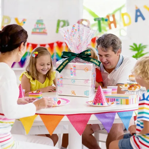 Vista 6 de JOYIT Rollo de celofán de feliz cumpleaños de 100 pies de largo x 35 pulgadas de ancho, rollo de celofán transparente de 3 mil de grosor, bolsas